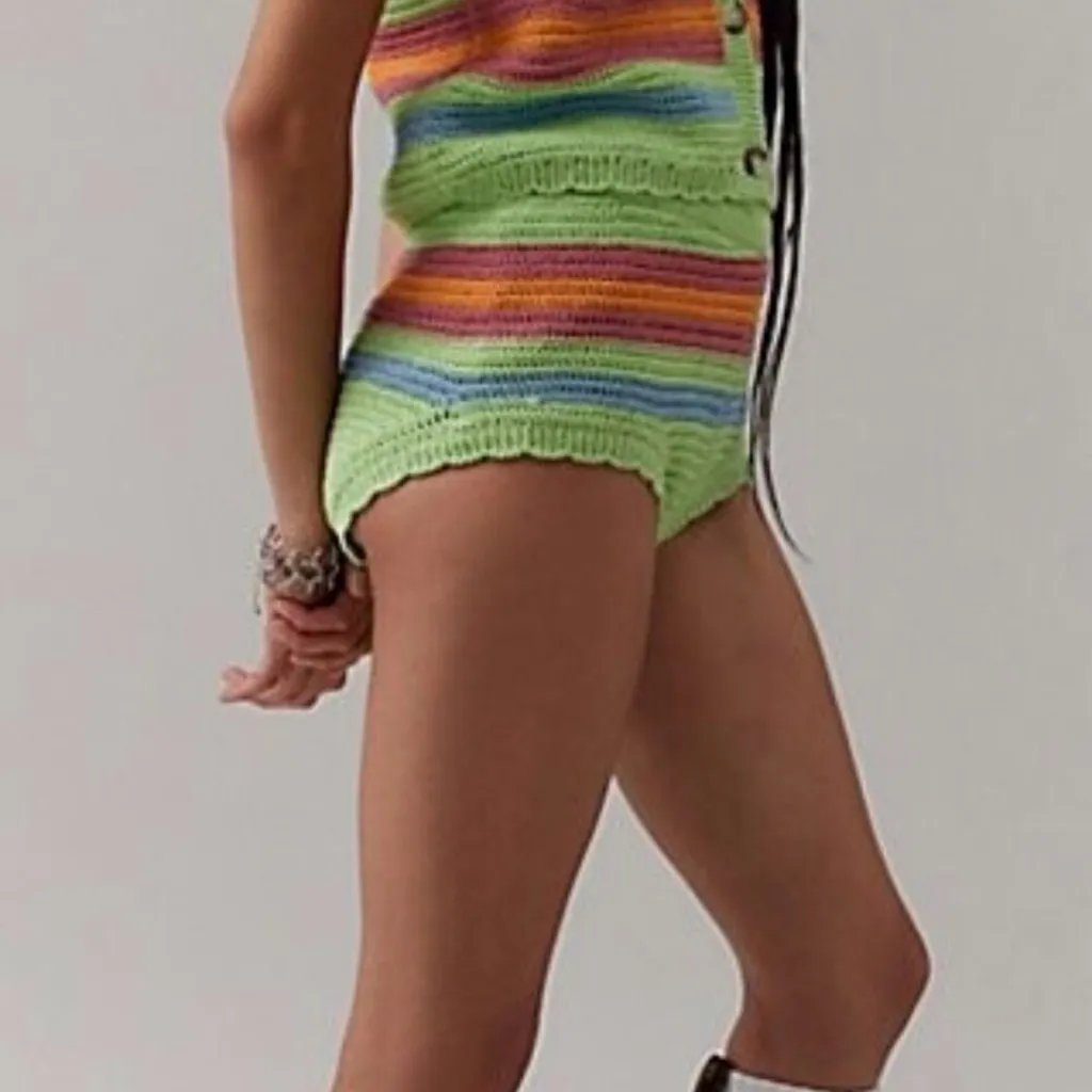 BDG Urban Outfitters Will Knit Micro Shorts Rainbow Lime Green Scalloped Edge - Image 2