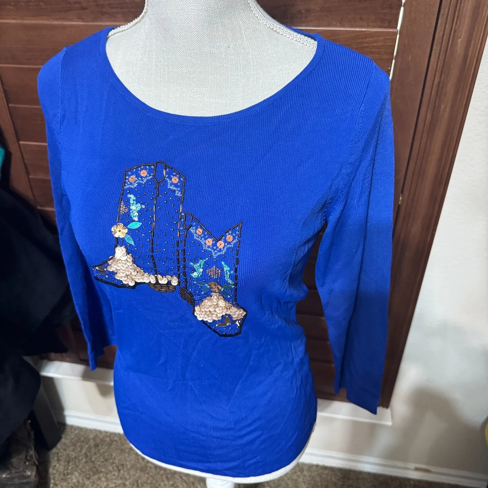 VTG Sweaterworks Top Beaded Sequined Royal Blue Knit Cowboy boots Cowgirl sz S - Image 3