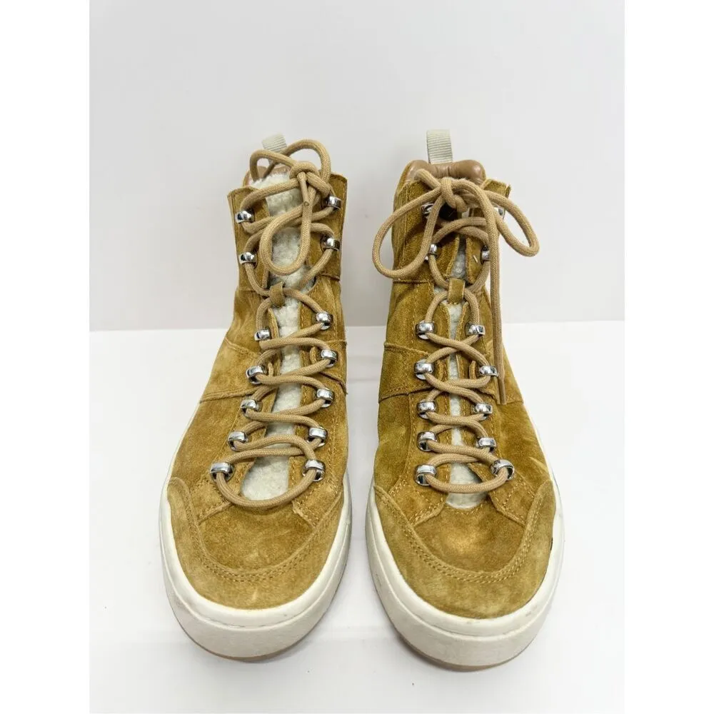 Marc Fisher High Top Sneaker Size 8.5 Fur Lined Tan Suede Lace Up Winter Booties - Image 4