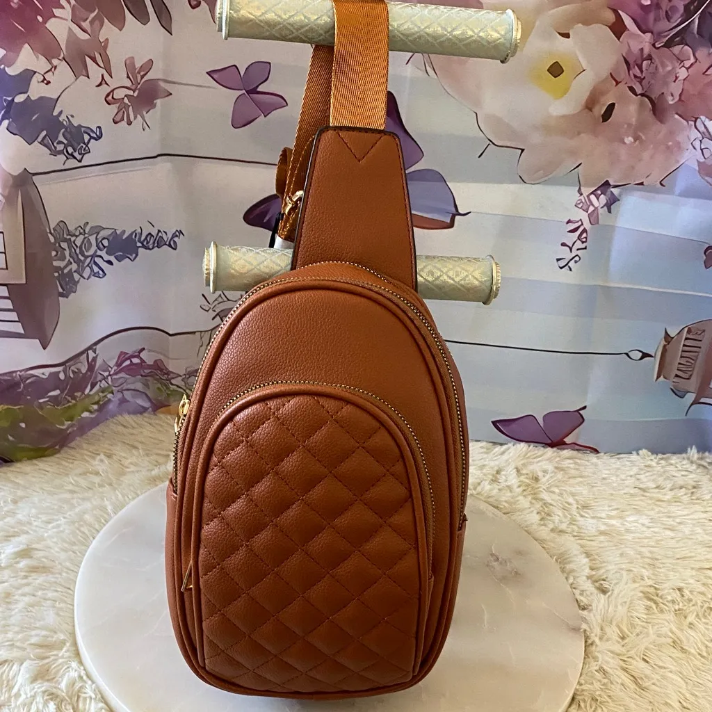 NWT SUGU Aurora Diamond Quilted Triple Compartment Crossbody Sling Bag Tan - Image 2