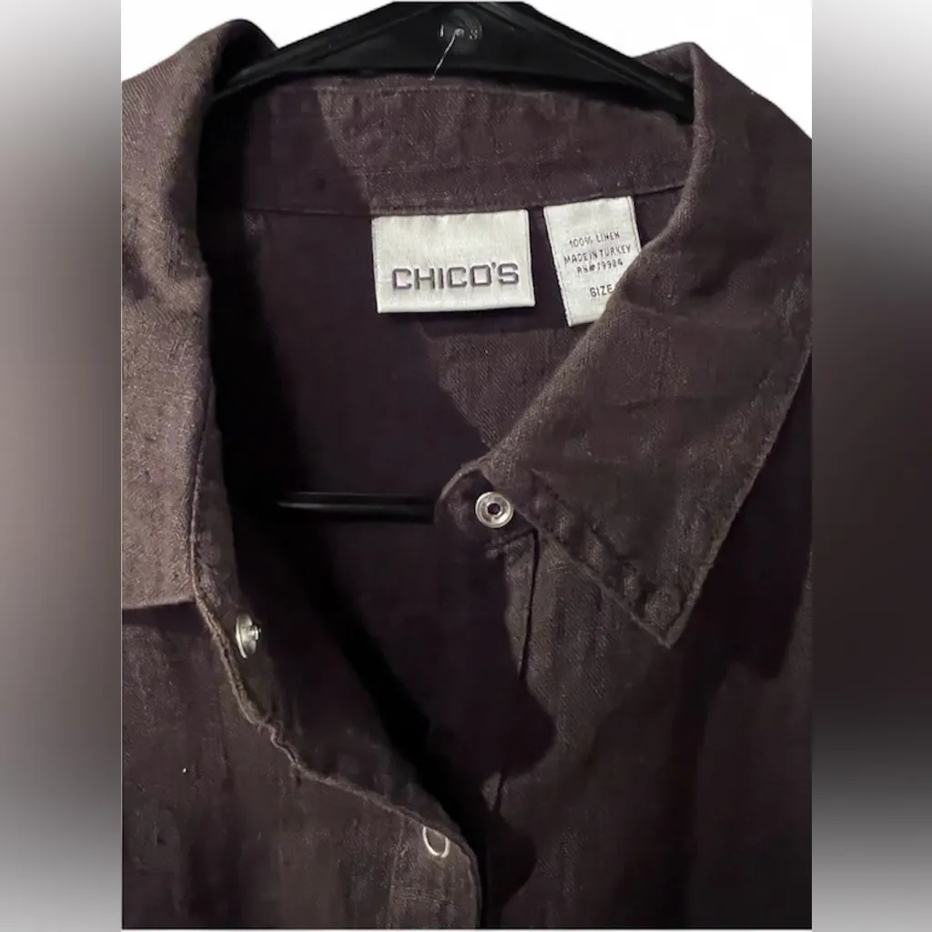 Chico's Snap Close 100% Linen Womens Shirt Casual Sz 12 Dk Brown Western Holiday - Image 3