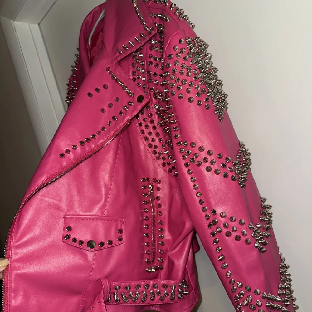 NWOT Azalea Wang Hot Pink Vegan Leather Studded Moto Jacket Plus 3x SOFI 3xl - Image 5