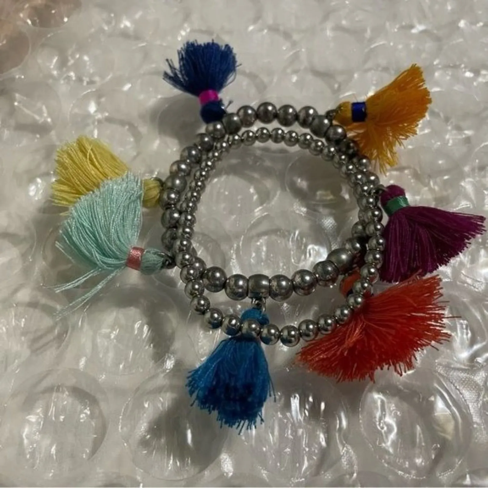 Bohemia Colorful Tassel Charm Stretch Silver-Tone Beaded Bracelet One Size - Image 5