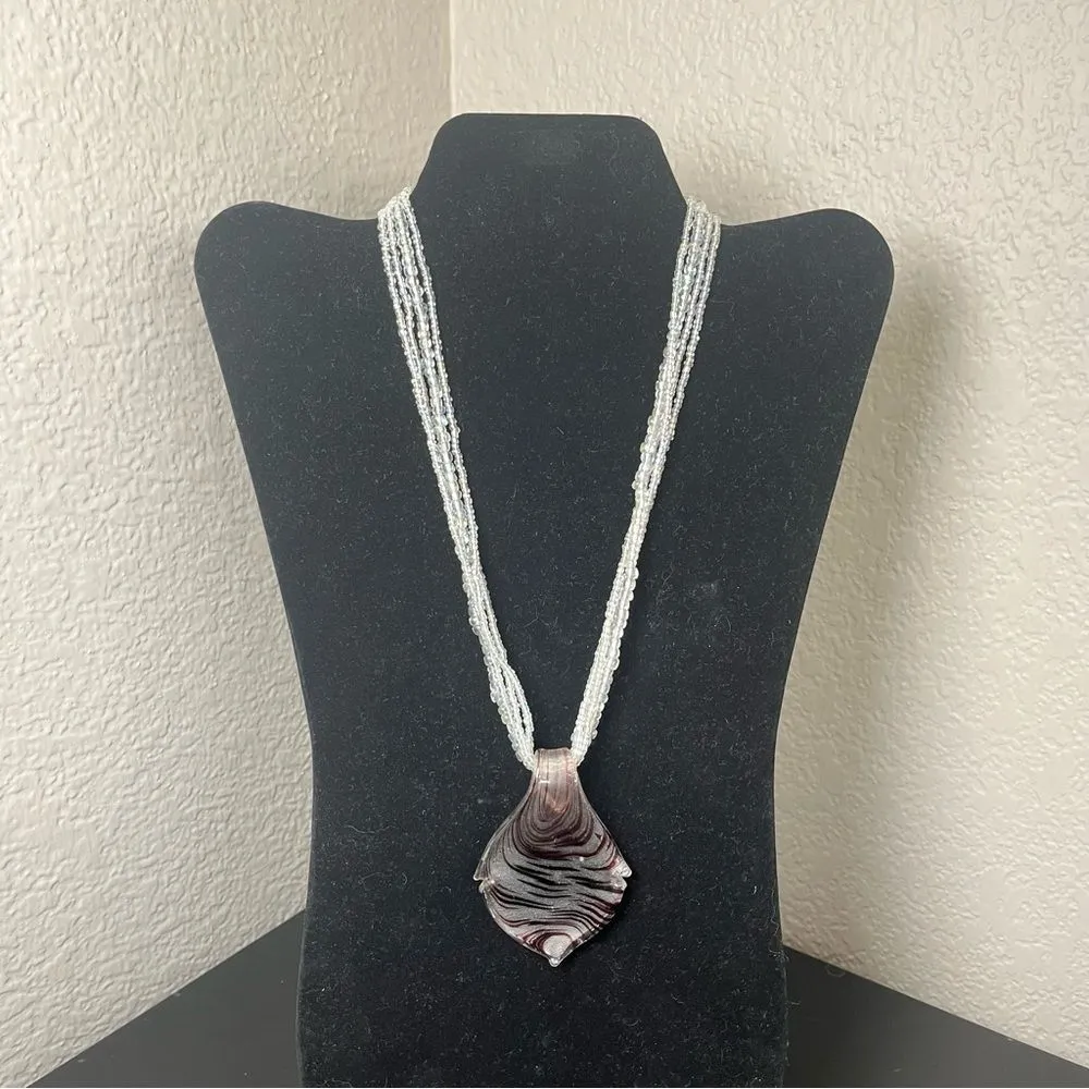 Glass Pennant Necklace White Purple Beaded - Image 6