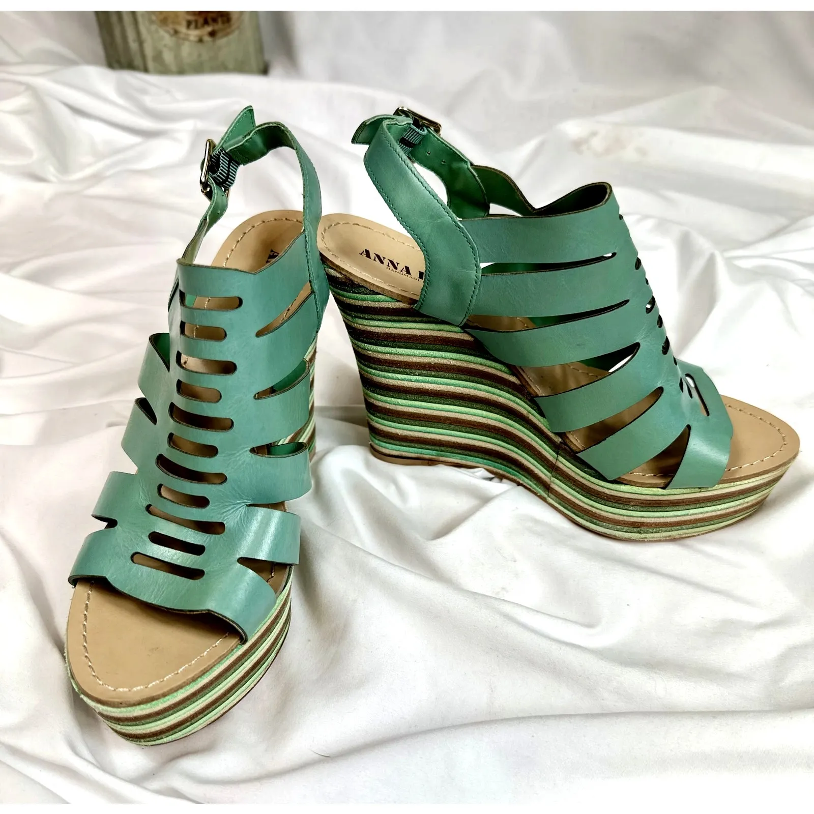 Anna Luz Leather Open Toe Wedge Sandals Handmade Brazil 10 Green - Image 2