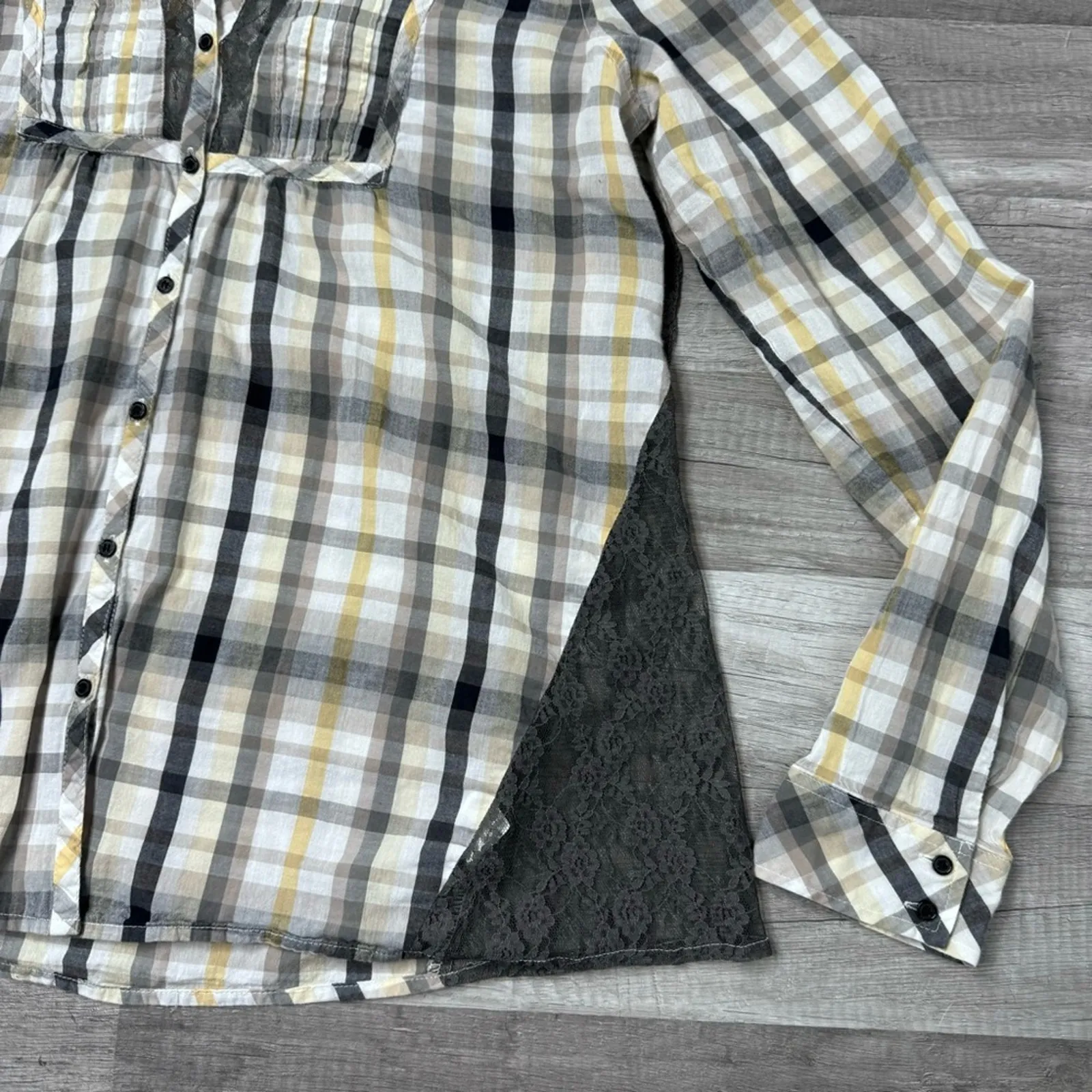 BKE Plaid Babydoll Top Button Front Sheer Lace Western Cowgirl Buckle - Image 10