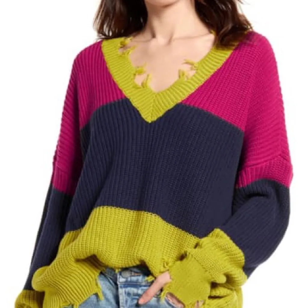 NWT BAND OF GYPSIES Colorblock Distressed Sweater - Image 3