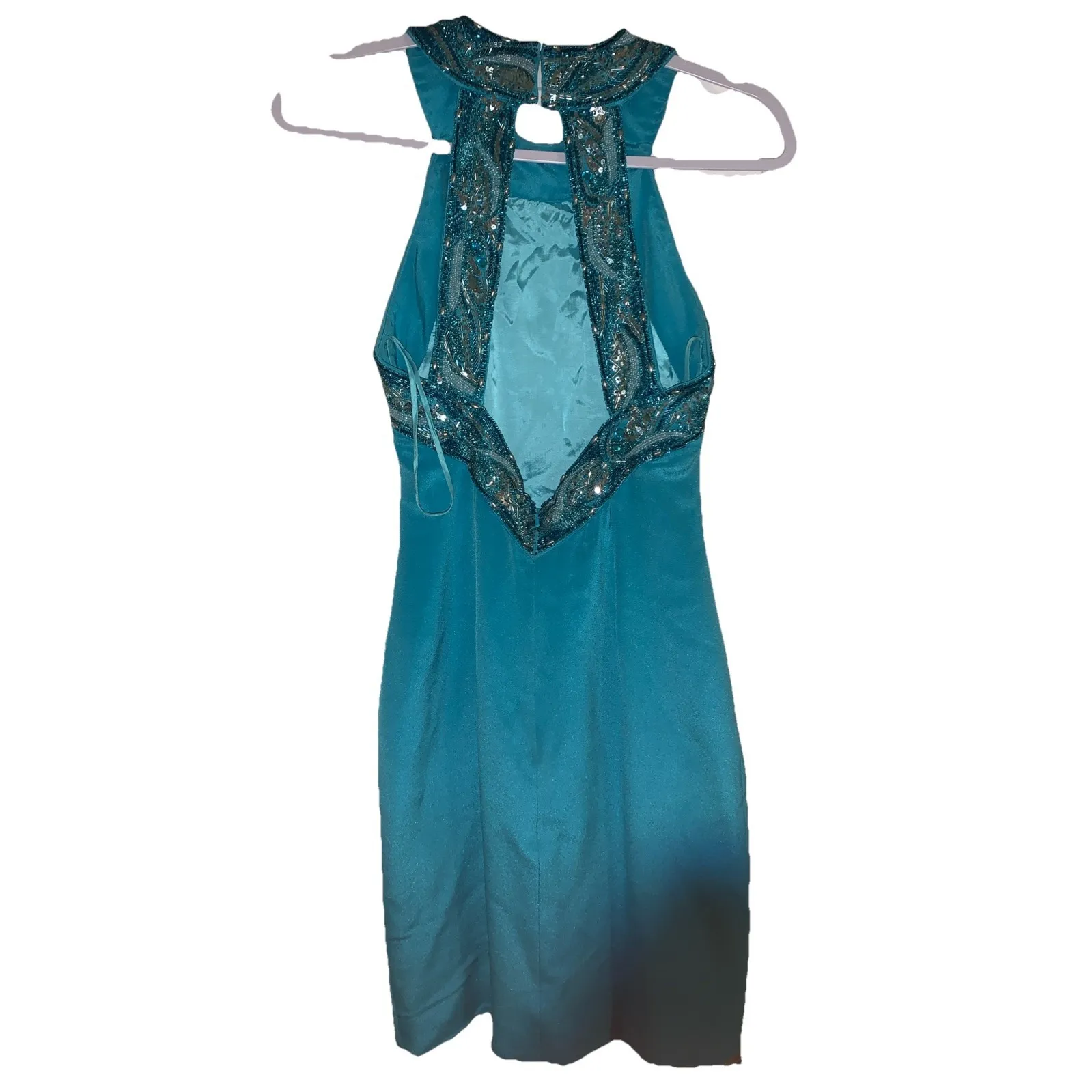 Oleg Cassini Turquoise Cocktail Dress – Size 6 – 100% Silk – Beaded Halter Neck - Image 3