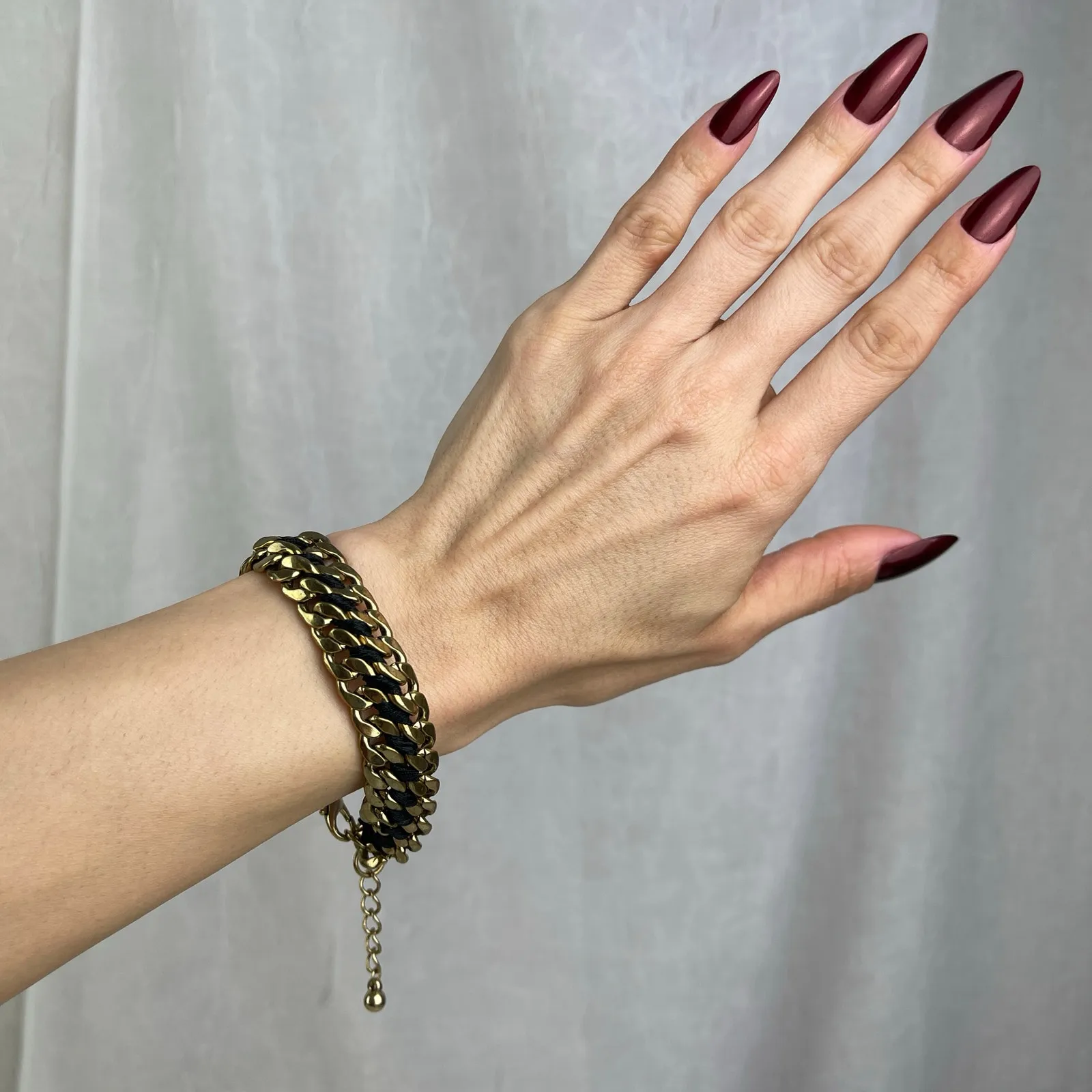 Gold Tone Chain Link Bracelet Black Braided Satin Cord Adjustable NWOT - Image 2