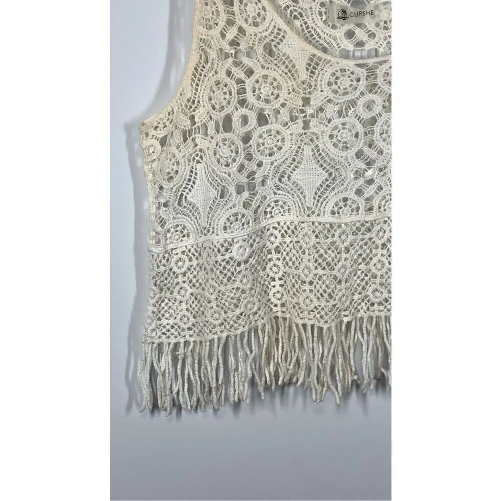 Cupshe  Women's Sleeveless Fringe Open Knit Crochet Tank Top White Size Medium - Image 3