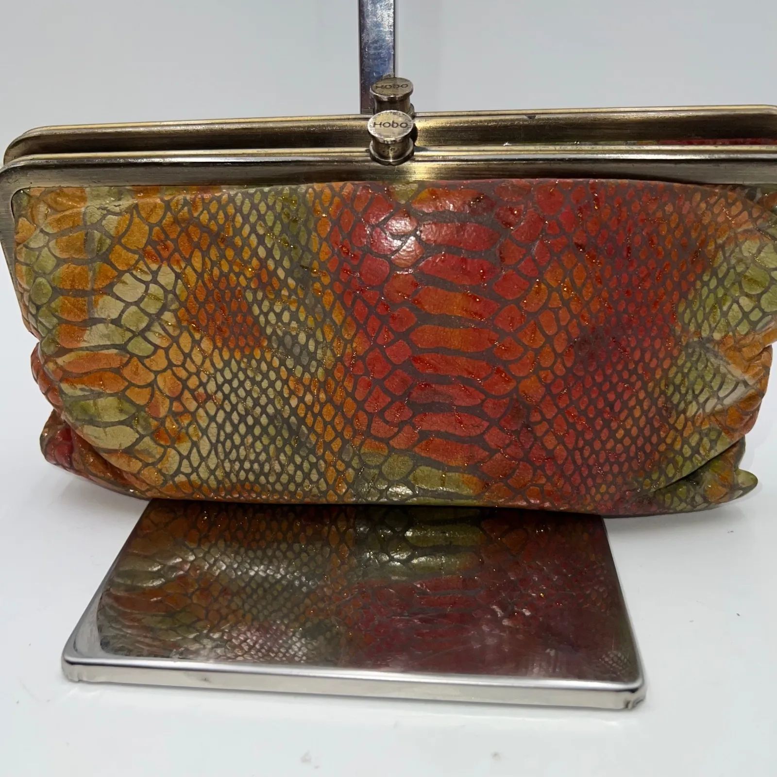 Hobo Clutch Wallet Snakeskin Print Leather Kisslock Closure Orange - Image 1
