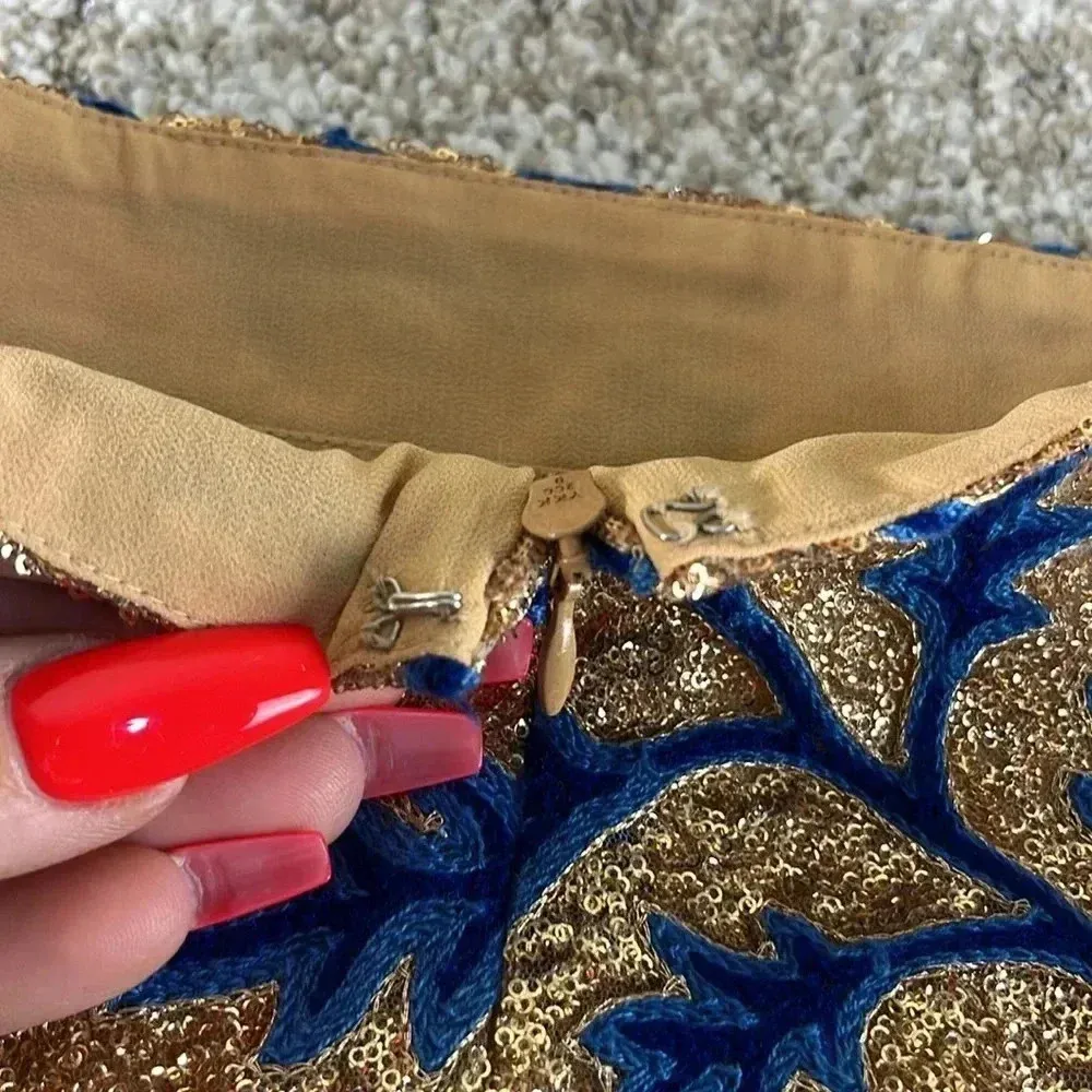 The Odells By Anthropologie Sequin High Waisted Skirt Small Embroidery Blue Gold - Image 10