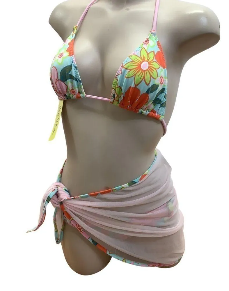 Pan Dulce Size 7/8 Vintage Bright Floral Bikini Set & Matching Sarong New Pink - Image 7