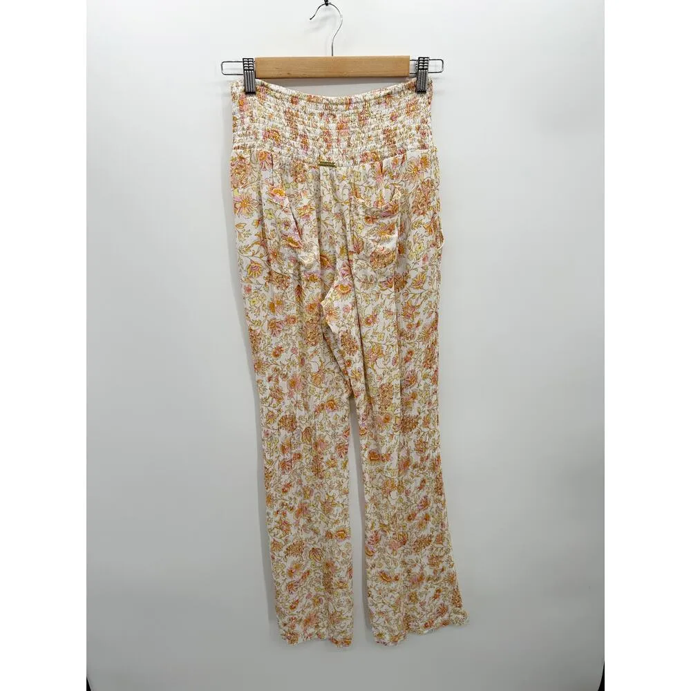 Billabong Pants Women Large Orange Floral Flare Boho Cinch Waist High Waisted - Image 2