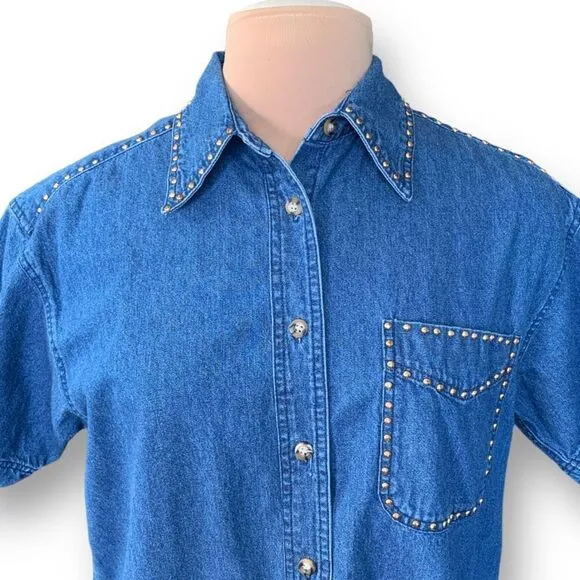Vintage Sunbelt Denim Shirt Medium Wash Chambray Denim Short Sleeve Gold Stud Blue - Image 1