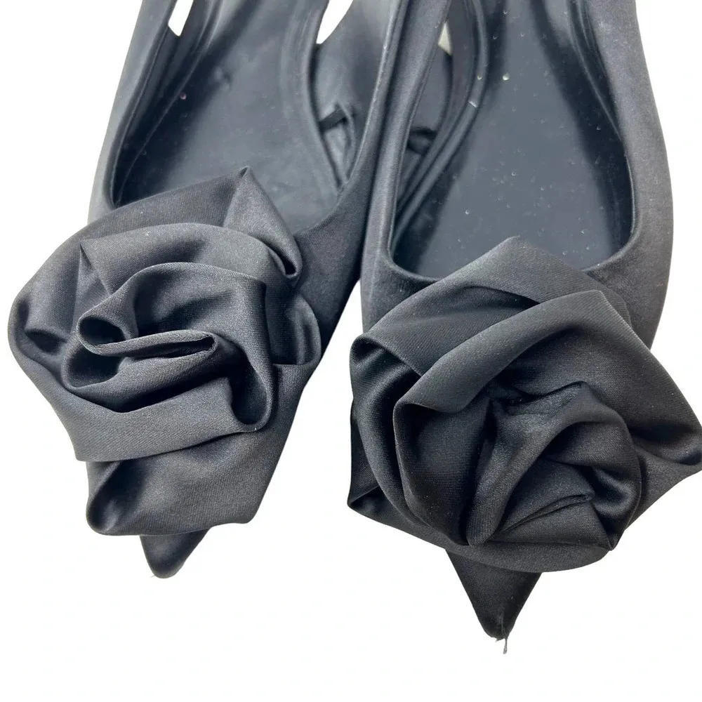 Zara Straple Flat Shoes with Flowers Black Satin Rosette‎ Size 36 US 5 - Image 4