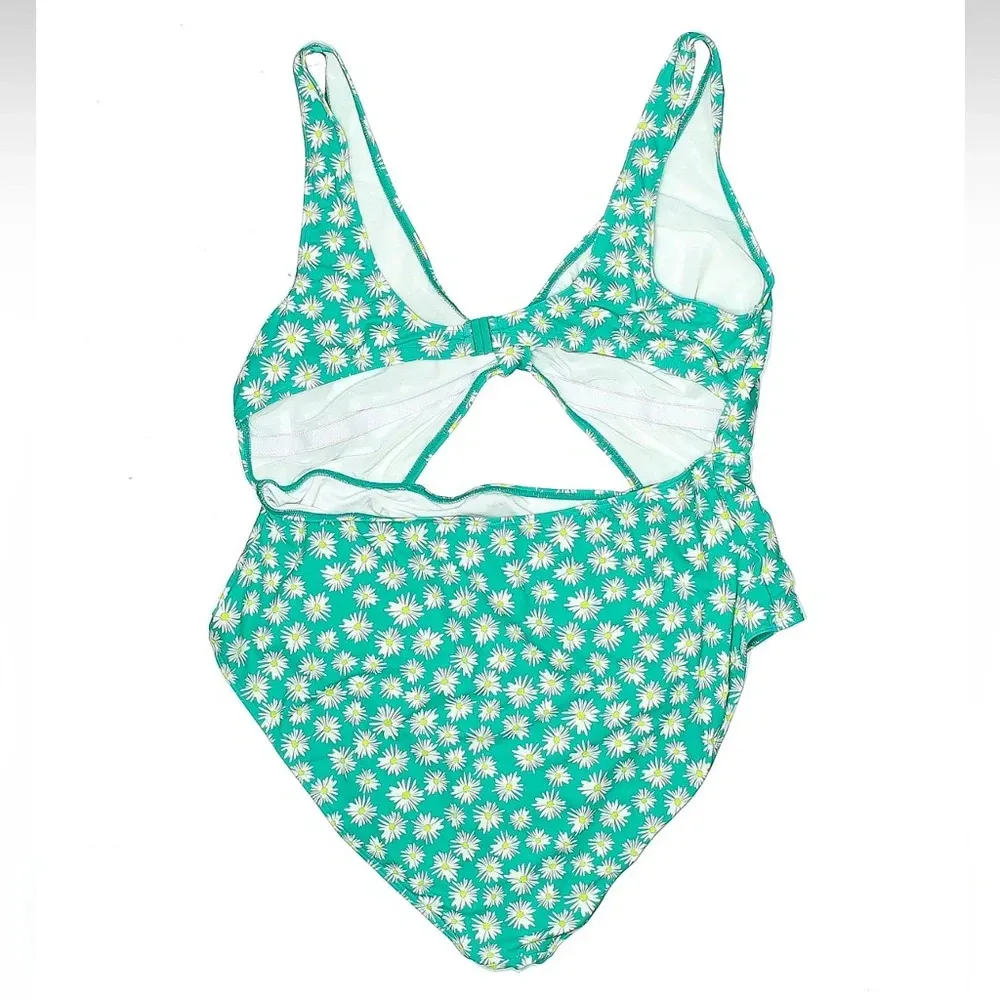 Peek & Beau Curve Tie Front Cut Out Swimsuit Green Sunflower Plus Size 20 NWT White - Image 6