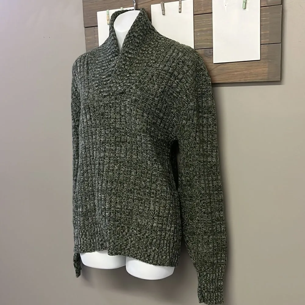 Lambs Wool Blend Heather Green Long Sleeve Cable Knit Cross Cowl Neck Sweater-PL - Image 2