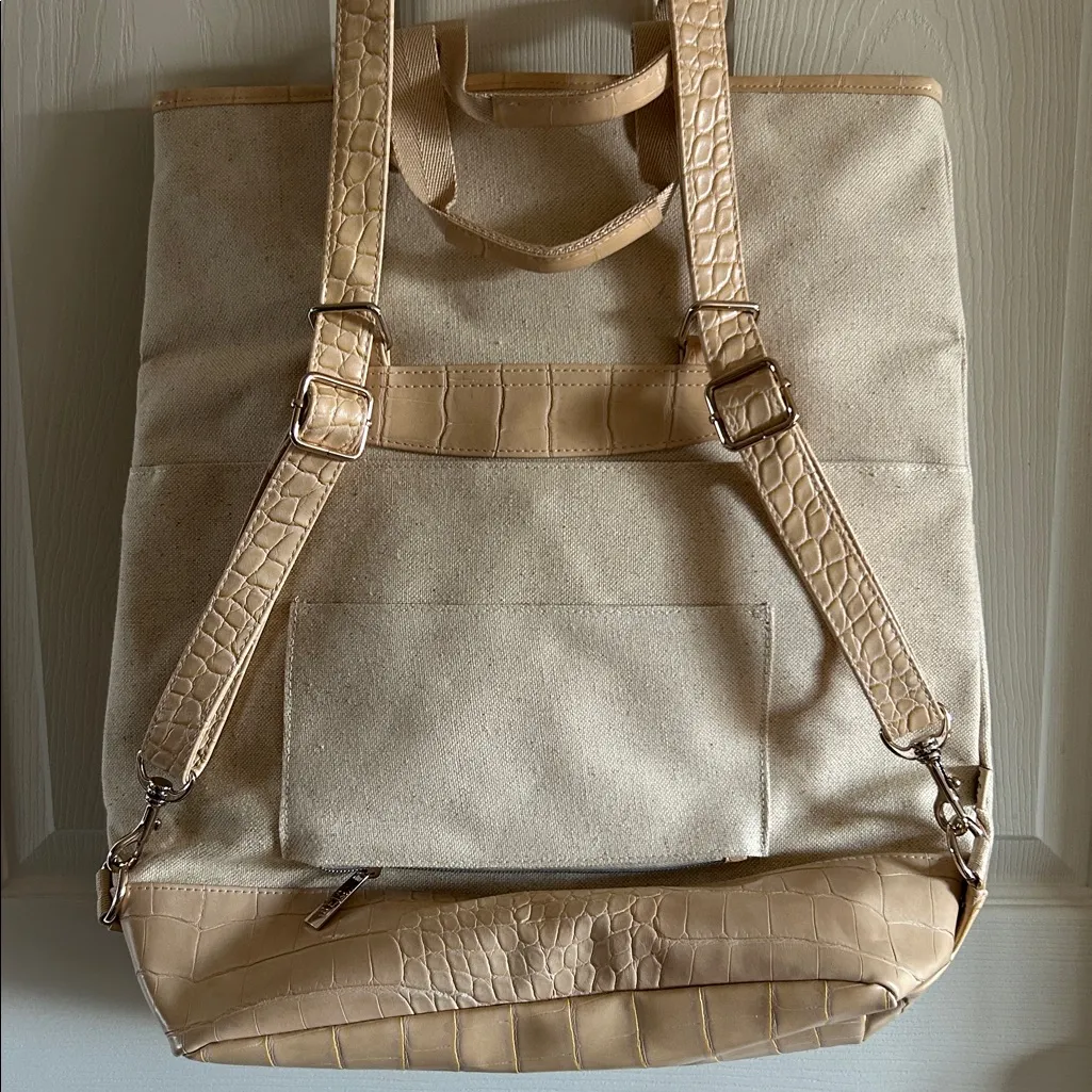 BEIS Everyday Convertible Backpack Tote Beige Cotton Canvas Faux Leather Straps - Image 8