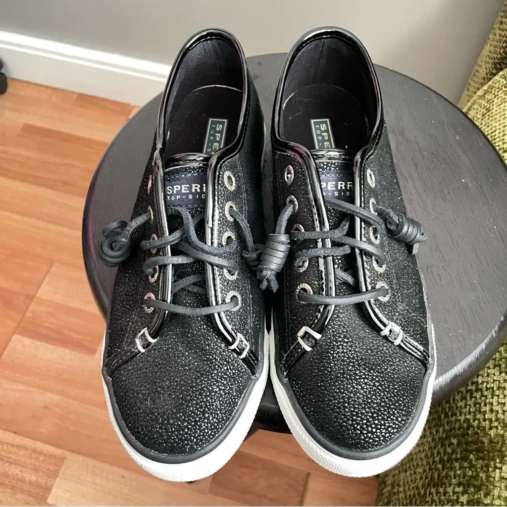 Sperry Seacoast Black Boat Shoe Black Sparkle - Image 4