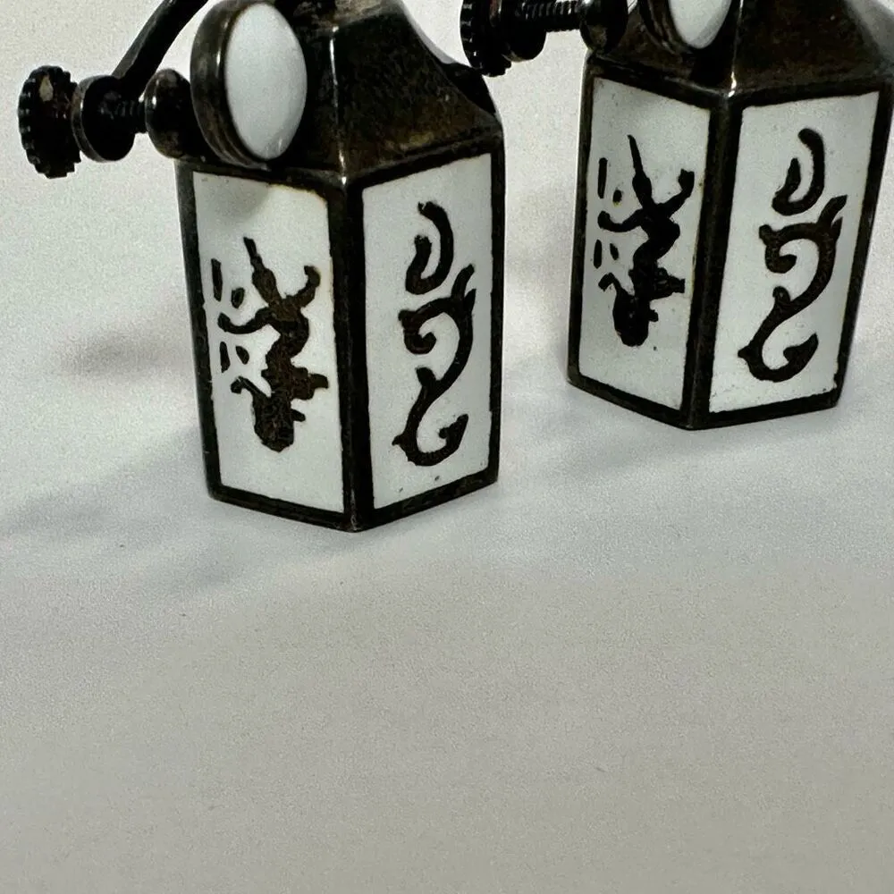 Vintage Sterling silver siam goddess box drop white enamel clip earrings - Image 9