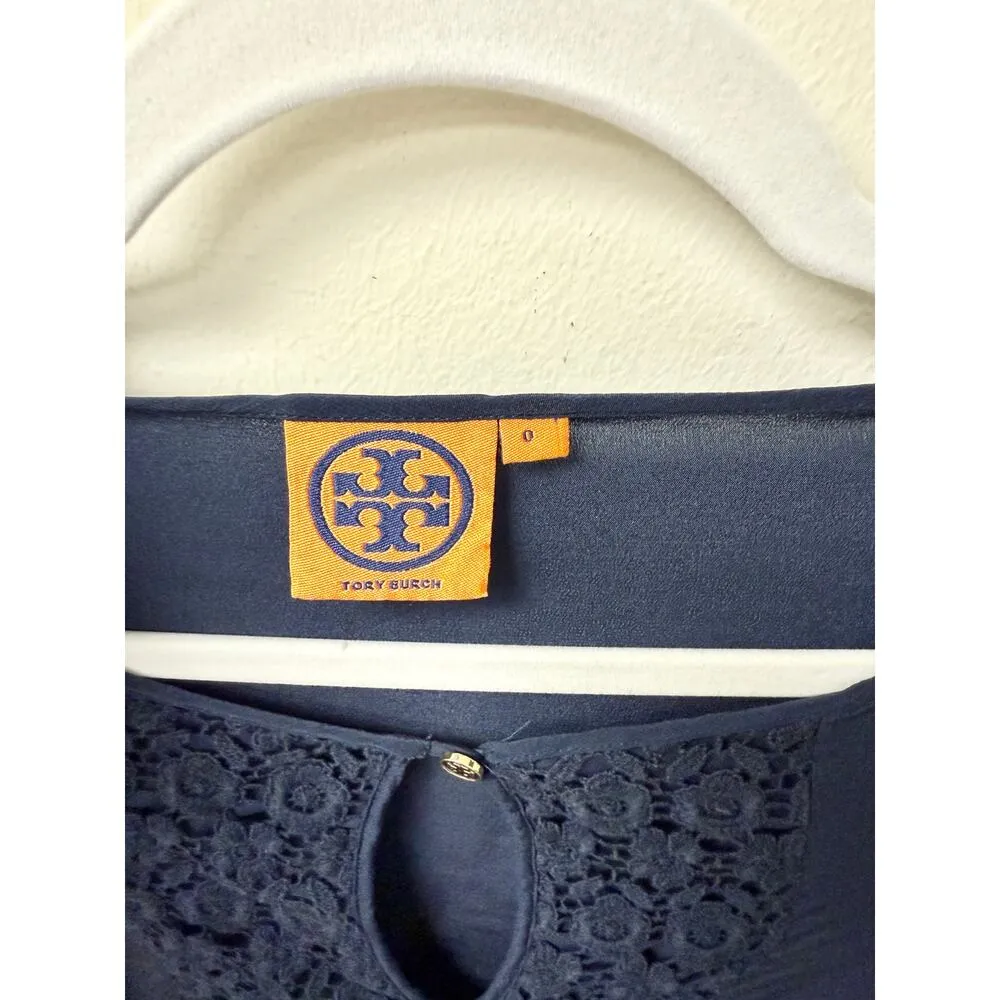 Tory Burch Silk Floral Lace Trim Long Sleeve Round Neck Blouse Navy Women's 0 - Image 2