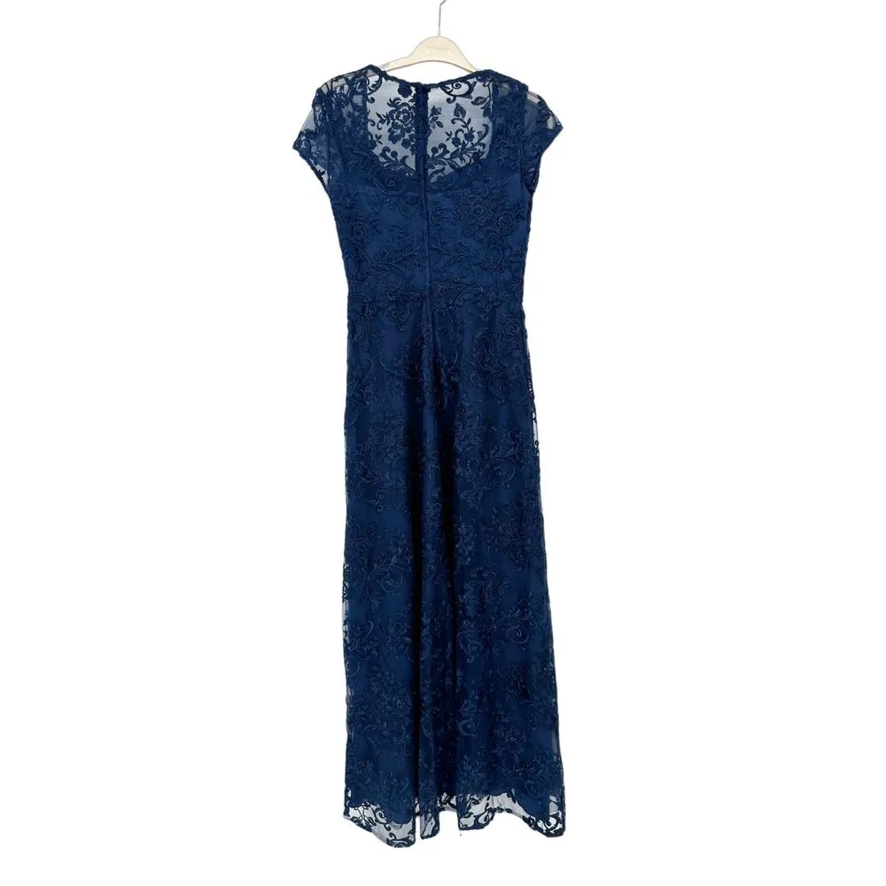 La Femme 27951 Navy Floral Gown Modest Cap Sleeve Size 6 - Image 5