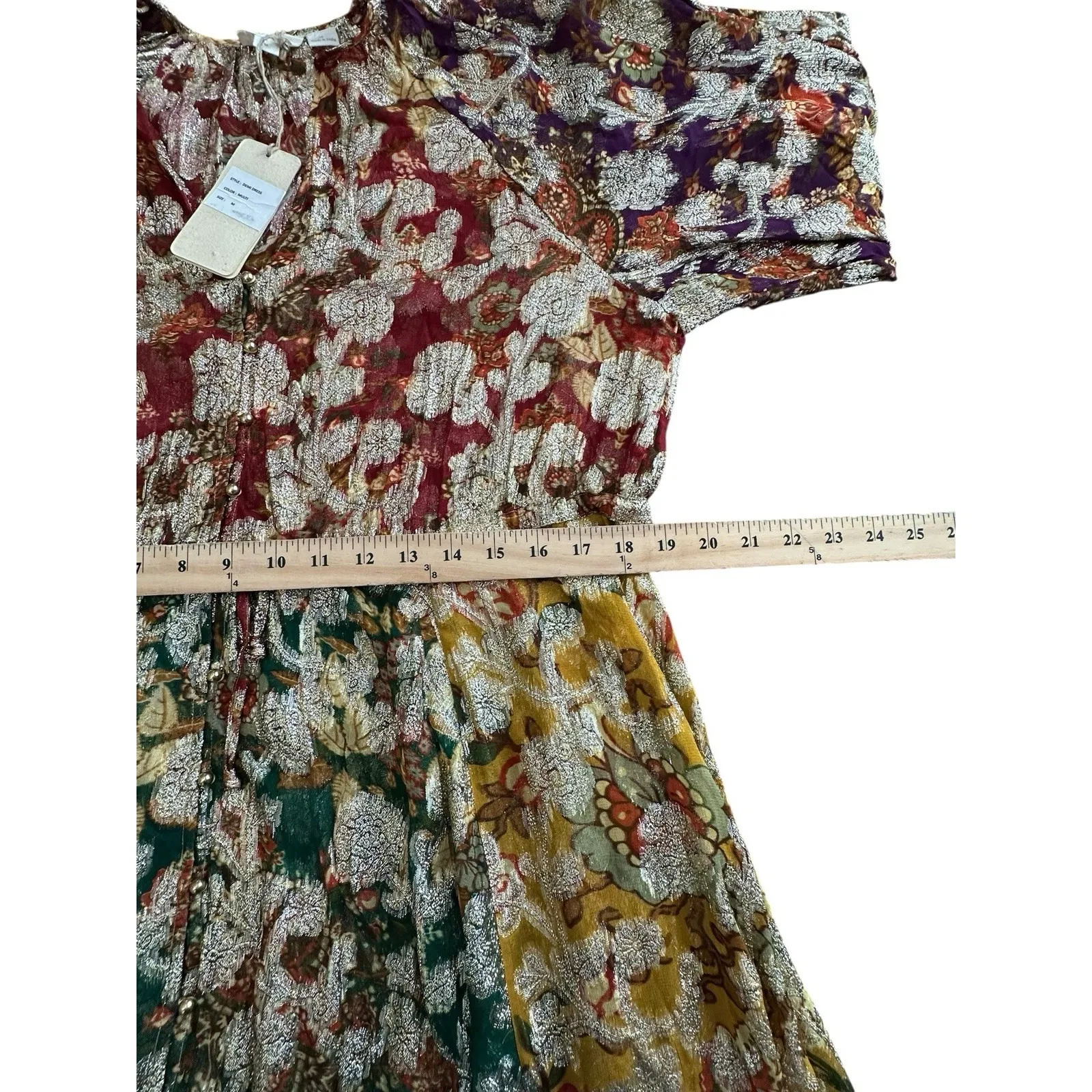 Anthropologie Let Me Be Dress Medium Gold Rainbow Floral Boho Long Sleeve AB14-1 - Image 11