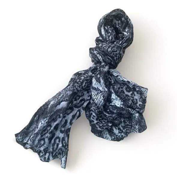 Animal Print Long Scarf Lightweight Gauzy Crinkle Gray Python Leopard Boho Artsy Black - Image 2