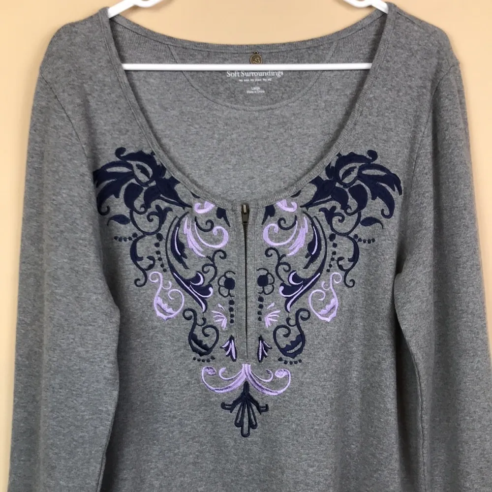 Soft Surroundings Women’s Embroidered Half Zip-Up Ribbed Long Sleeve Shirt - Image 2