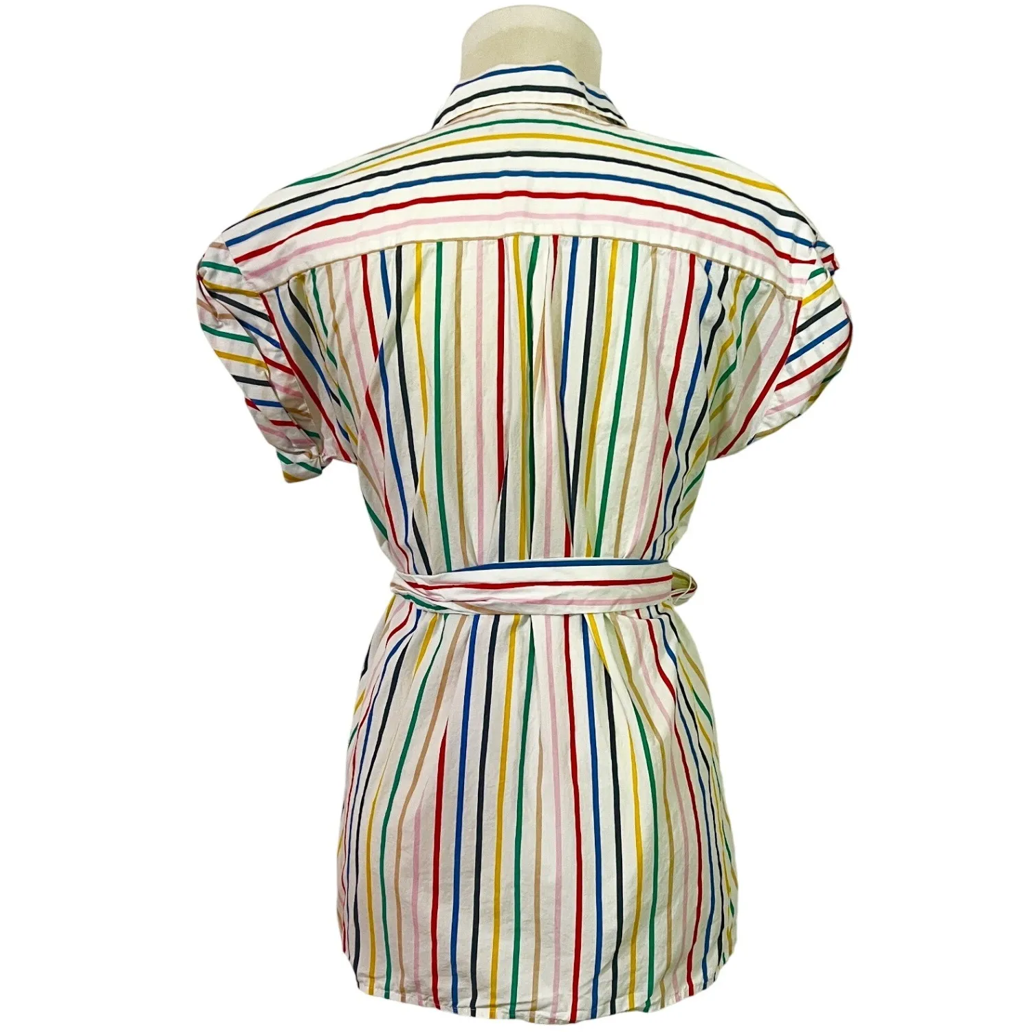 J.Crew Striped Shirt Women's XS Multicolor Belted Cap Sleeve Cotton Casual White - Image 4