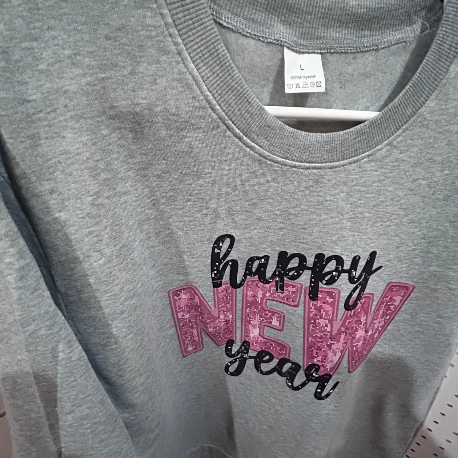 Happy New Year Graphic Sweatshirt Gray Crew Neck Long Sleeve Pullover L Size L - Image 4