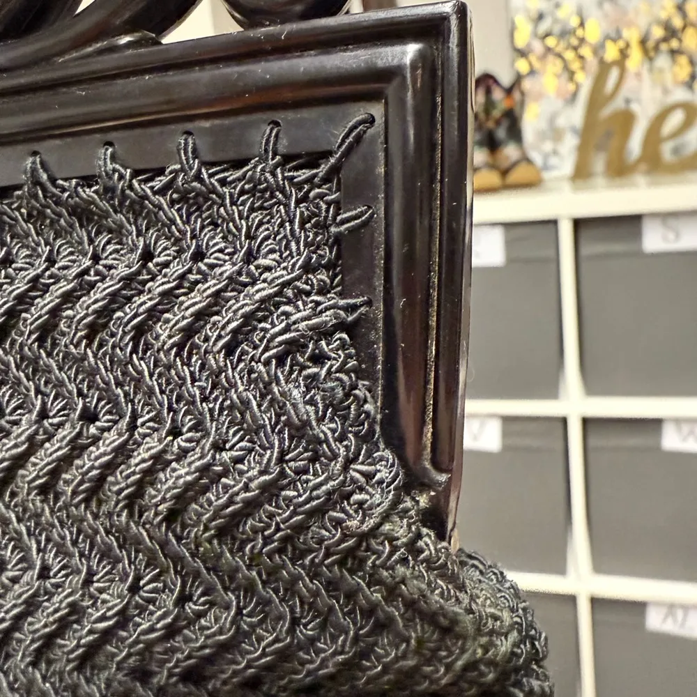 Vintage Crochet Celluloid 1940 Lucite (?) Frame Handle Handbag Mini Purse Clutch Black - Image 5