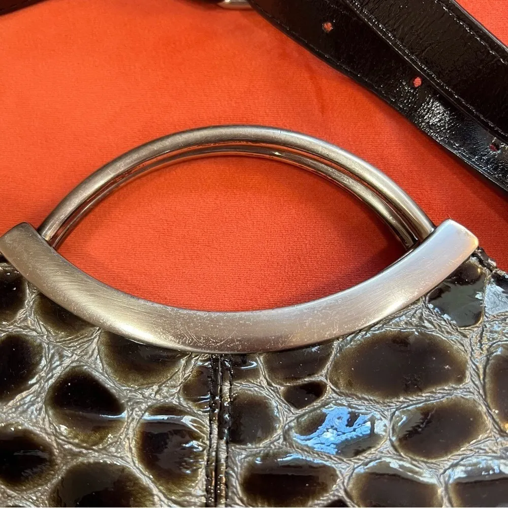 Vintage HOBO Intl Black Croc Embossed Patent Leather Silver Metal Handle Bag - Image 3