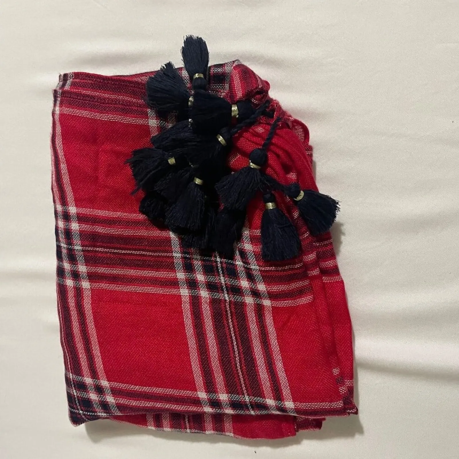 Crown & Ivy · Plaid · Scarf with Navy Tassels · Lightweight · Red · One Size - Image 7
