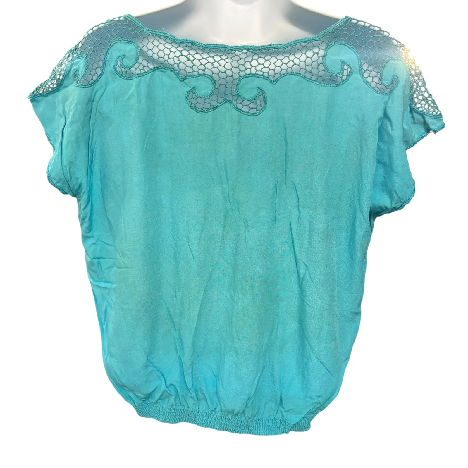 Teal‎ Crochet Bird of Paradise Top Blouse, Short Sleeve Elastic Waist Women's** Blue Size M - Image 2