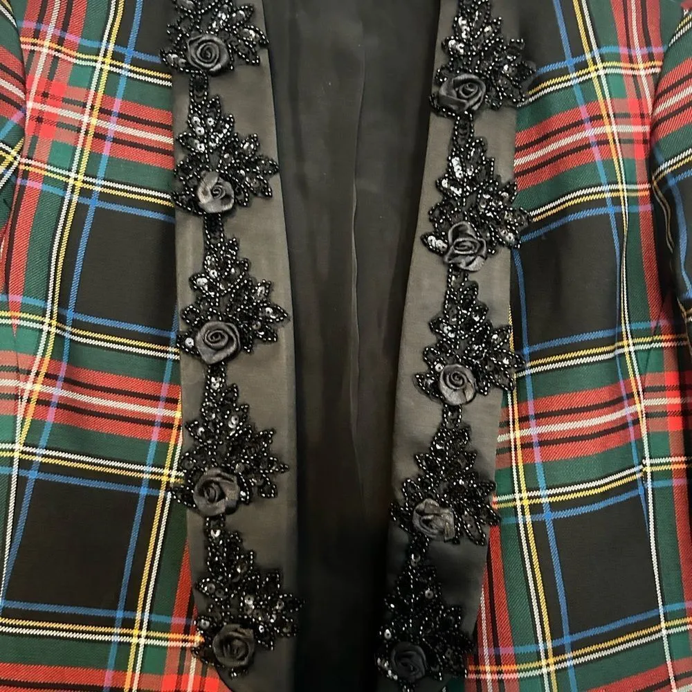 The J. Peterman Company Tartan Plaid embellished Blazer Women's Size 12 Red - Image 4