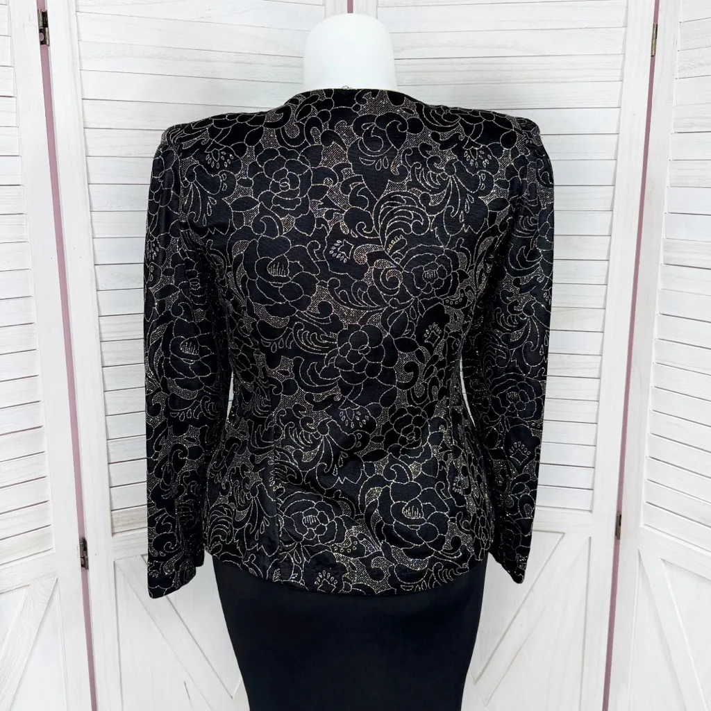 Vintage 80s R&K‎ Evening Floral Glitter Velvet Blazer Jacket Black Gold 14 - Image 4