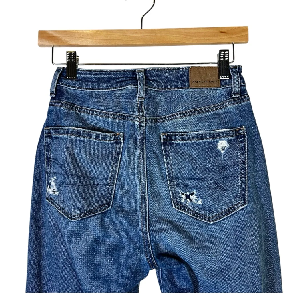 American Eagle Mom Jeans Womens 00 Medium Wash Distressed Knee High Rise Grunge - Image 5