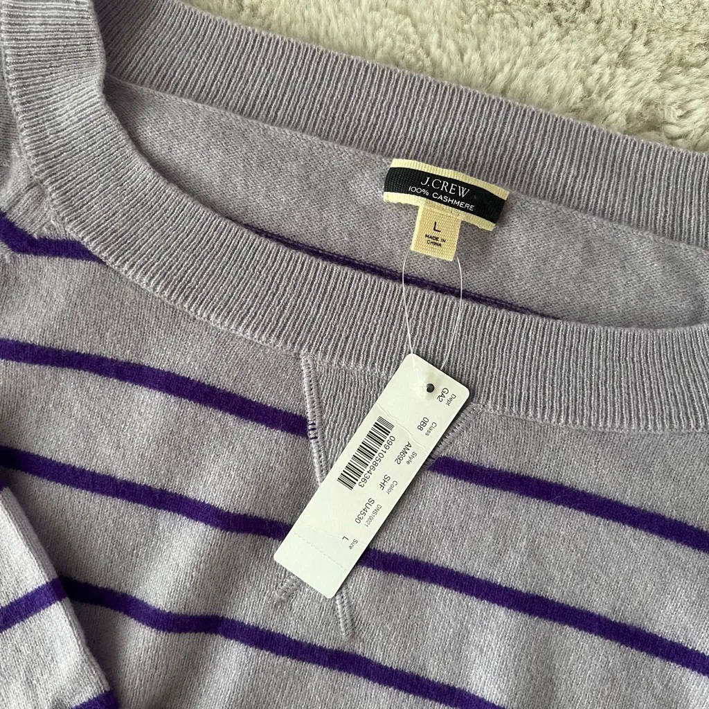 NWT Women's J.Crew Cashmere Crew Neck Sweater Size L Lavender Purple Stripes Size L - Image 2