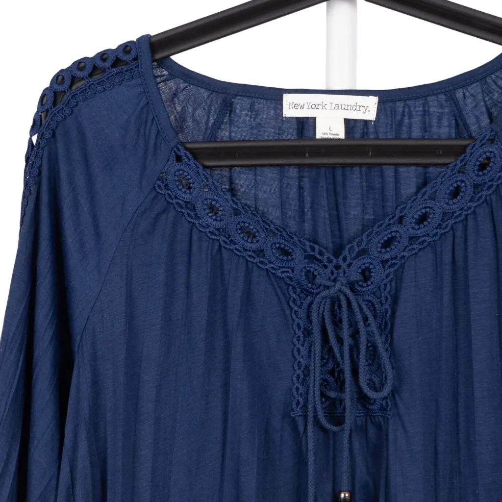 New York Laundry Peasant Blouse L Womens Navy Blue Crochet Tie 3/4 Bell Sleeves - Image 2