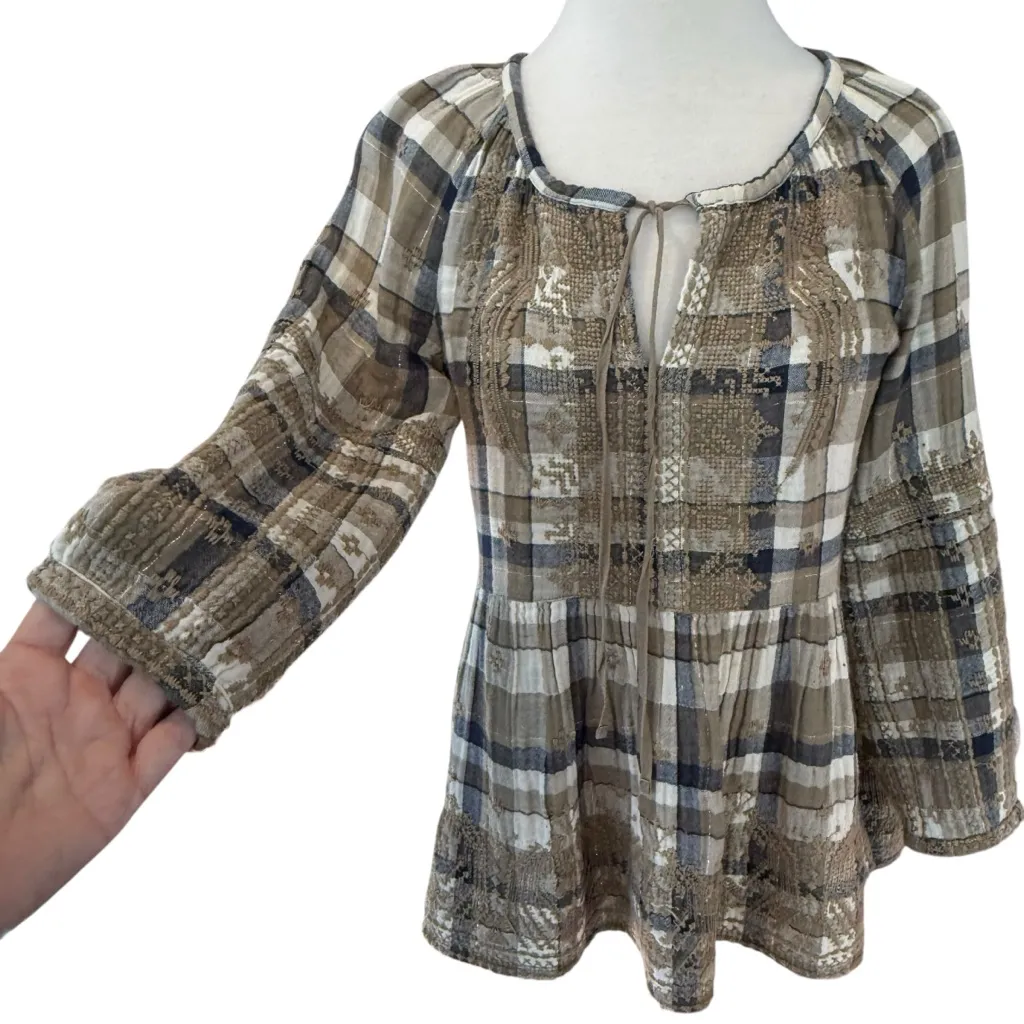 Johnny Was 3J Workshop Embroidered Plaid Tunic Blouse Boho Neutral Small - Image 5