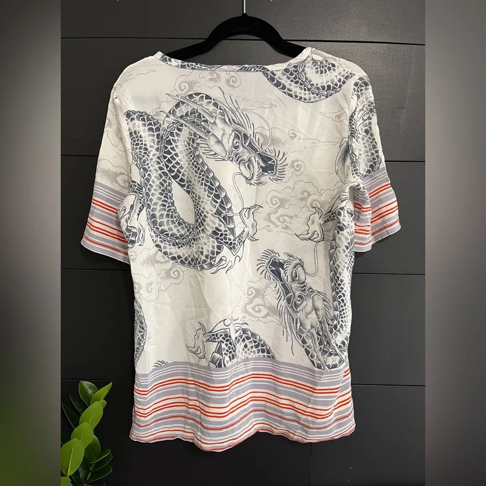 ANIMALE Women’s Sz 40 (Large) Oversized Dragon Print 3/4 Sleeves Linen Shirt EUC White - Image 3