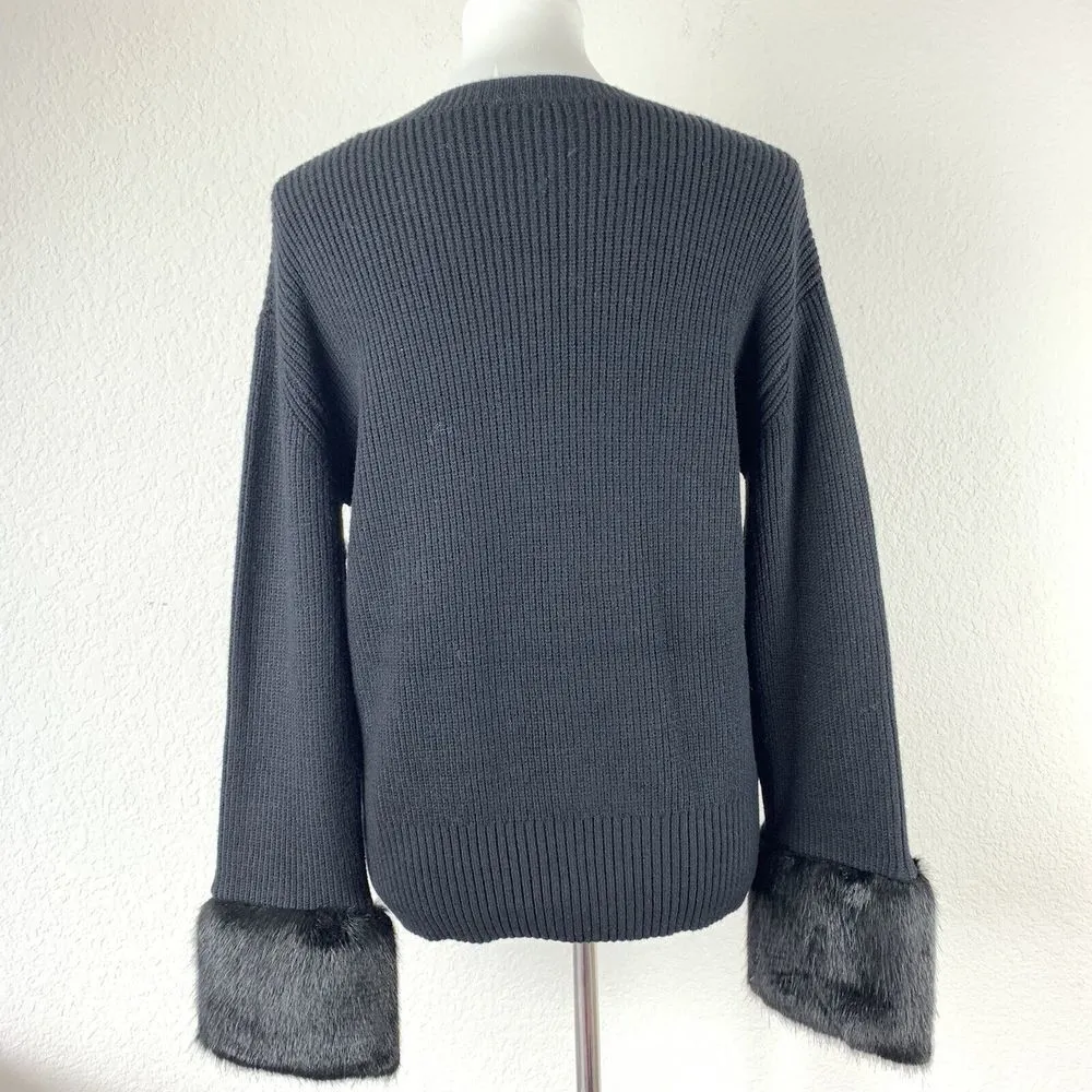 Love Token Womens Size Medium Black Faux Fur Cuff Ribbed Knit Pullover Sweater - Image 6