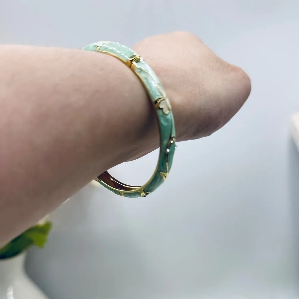Green Flower Enamel Cloisonne Bracelet Bangle White - Image 6