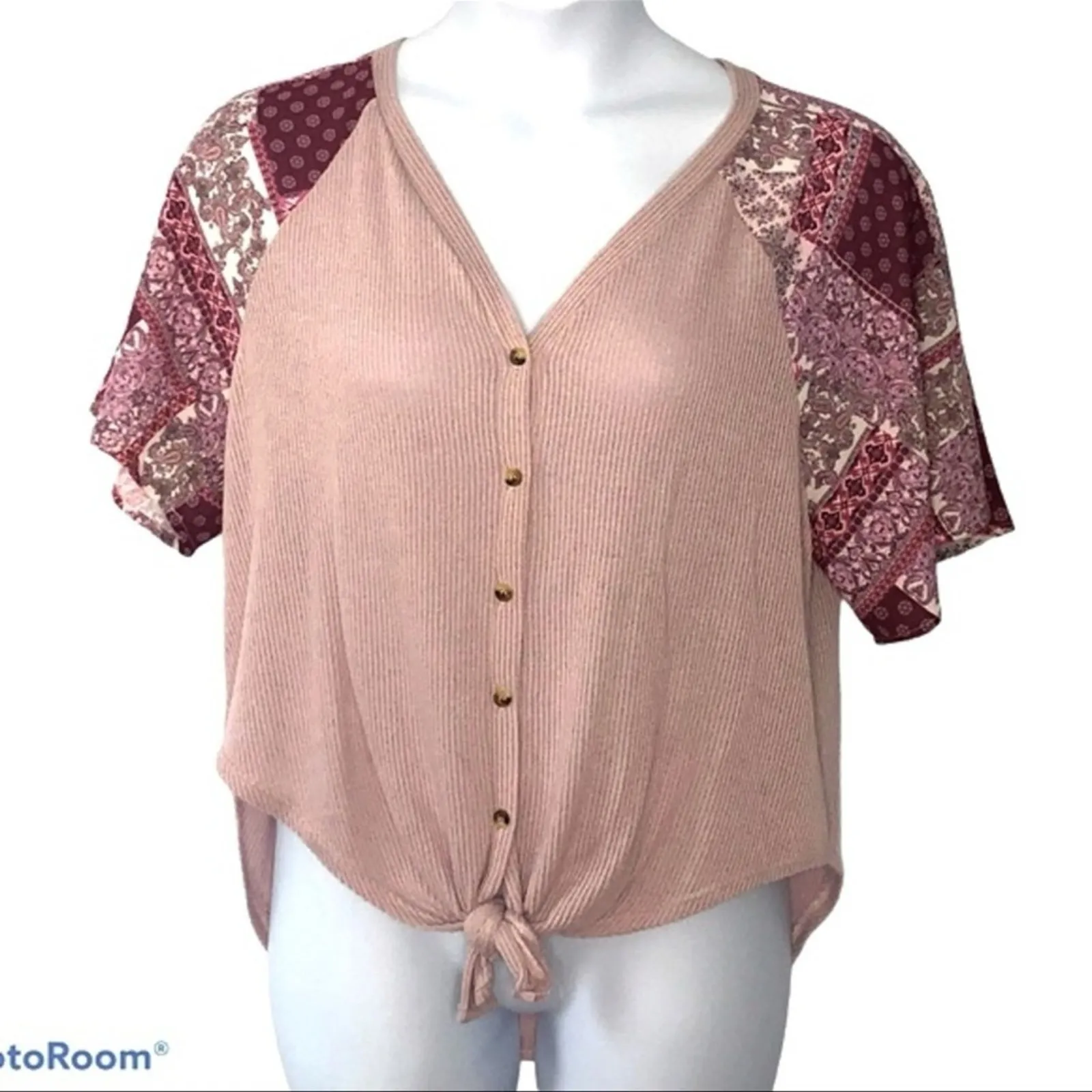 Altar’d State Waffle Knit Tie Front Blouse Size Small | Patchwork Paisley Boho - Image 2