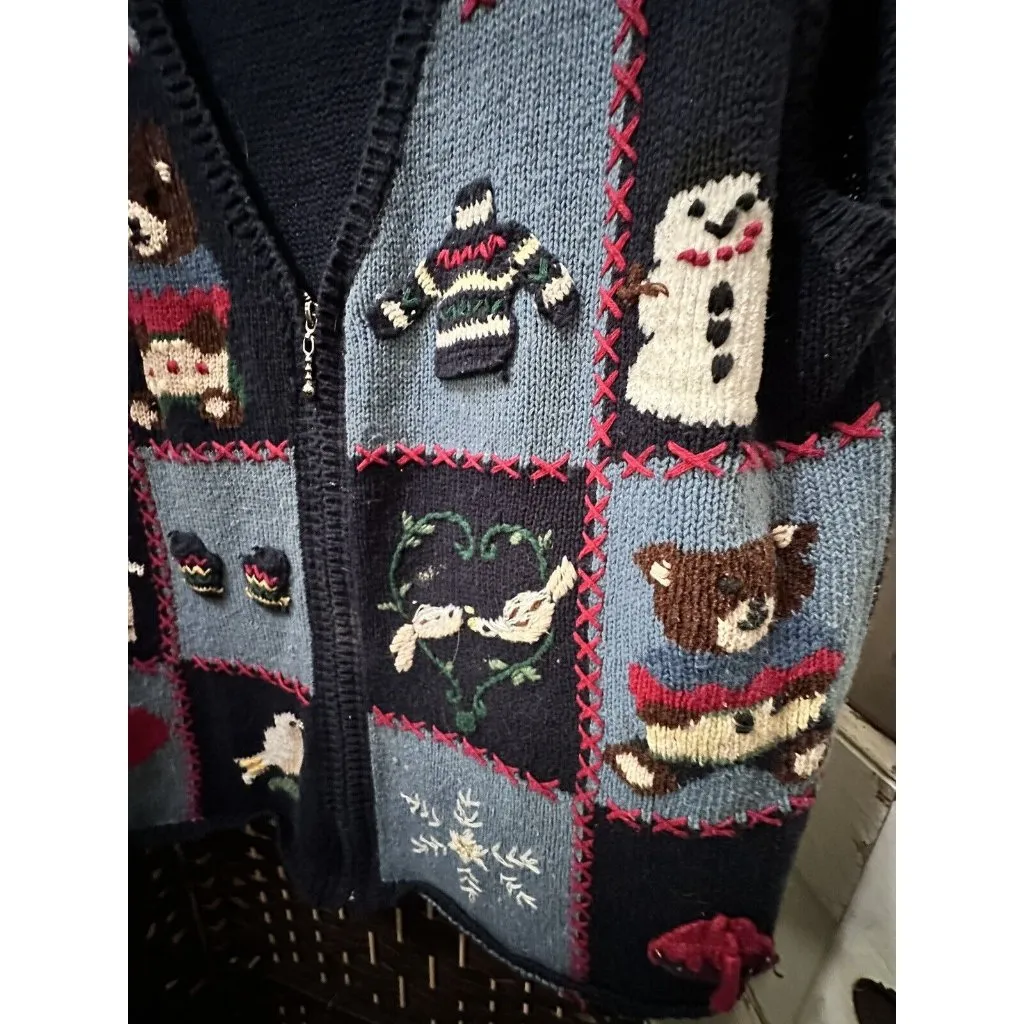 Holiday Sweater patchwork Vest With Fun Winter Motifs Capacity Blue Size M - Image 3