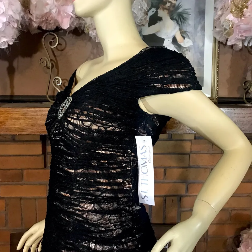 JOVANI BLACK LACE & BLUSH SATIN OFF-THE-SHOULDER COCKTAIL DRESS NWT (6) - Image 11