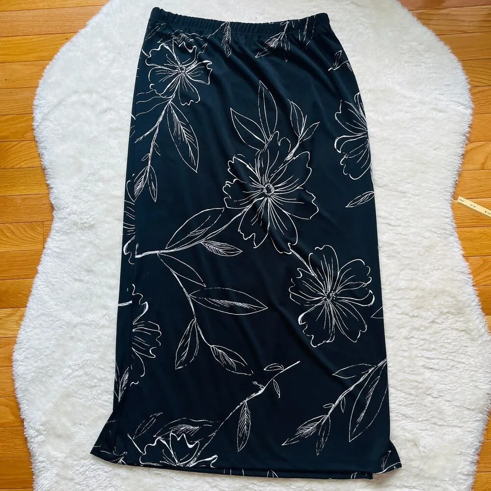 VTG 90s Notations | Long Black Floral Side Slit Slinky Maxi Skirt | size M - Image 3
