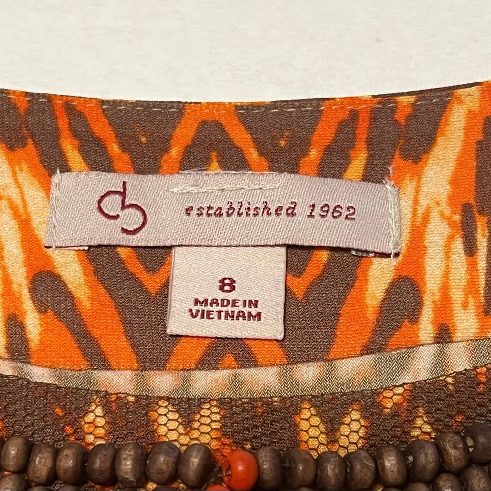 Dress Barn Women SZ 8 Brown Orange Dress Tribal Aztec Sleeveless Beaded Neckline - Image 3